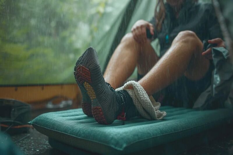 Hiker airing socks and removing insoles under a tarp porch during rain