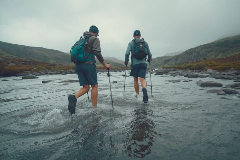 Hikers crossing a knee-deep stream with poles, belts unbuckled