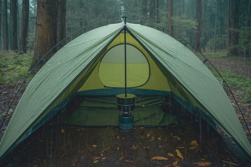 Tent fly pitched first with a ventilated porch kitchen in the rain