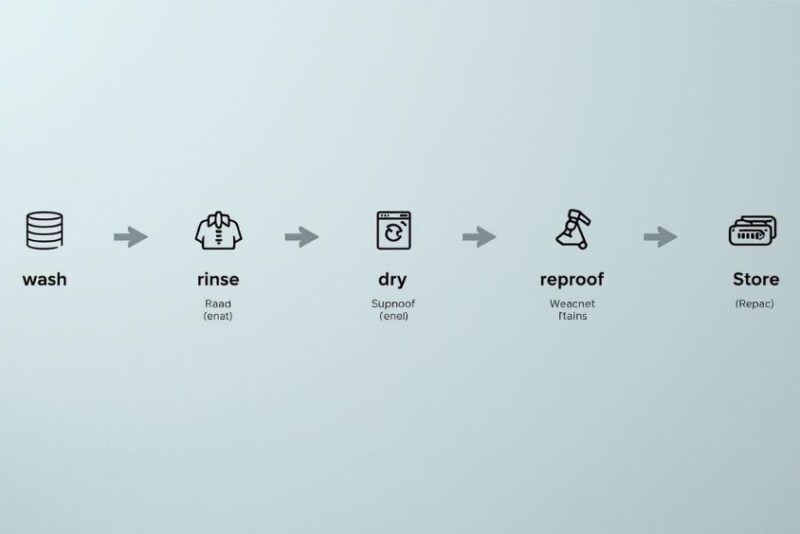 A clean, photorealistic flat lay showing the whole process: wash → rinse → dry → reproof → store (with icons overlayed)