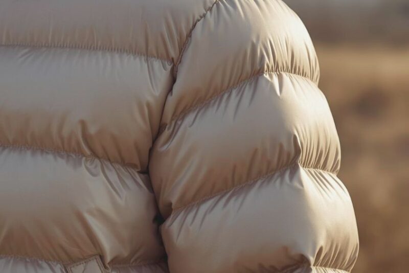 A close-up of a puffy down jacket, showing the stitched baffles with visible loft and texture.