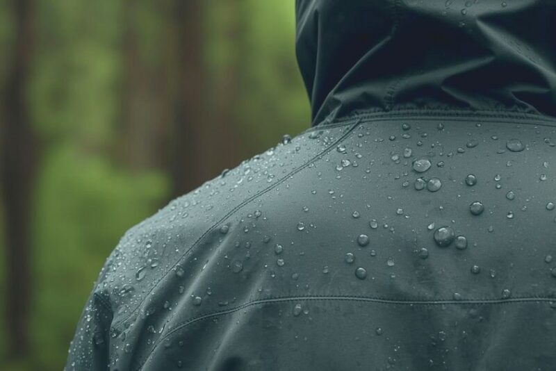 A hiker wearing a synthetic jacket in light rain.