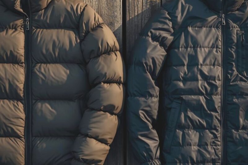 Two jackets lying side by side on a wooden surface one thick, puffy down jacket and one flatter synthetic jacket.